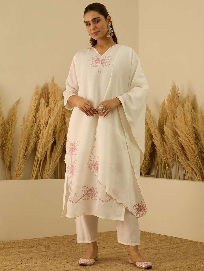 women self design white kurta dupatta set - 22440399 -  Standard Image - 1