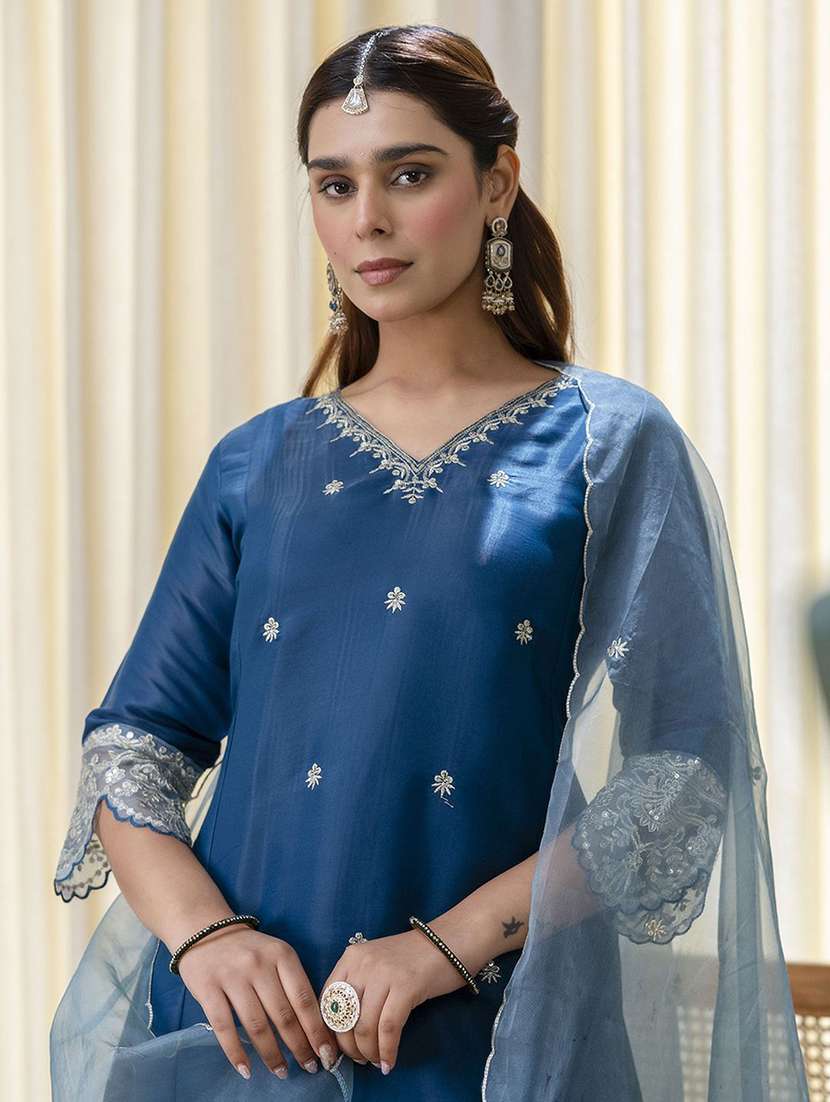 women self design blue kurta dupatta set - 22440406 -  Standard Image - 1