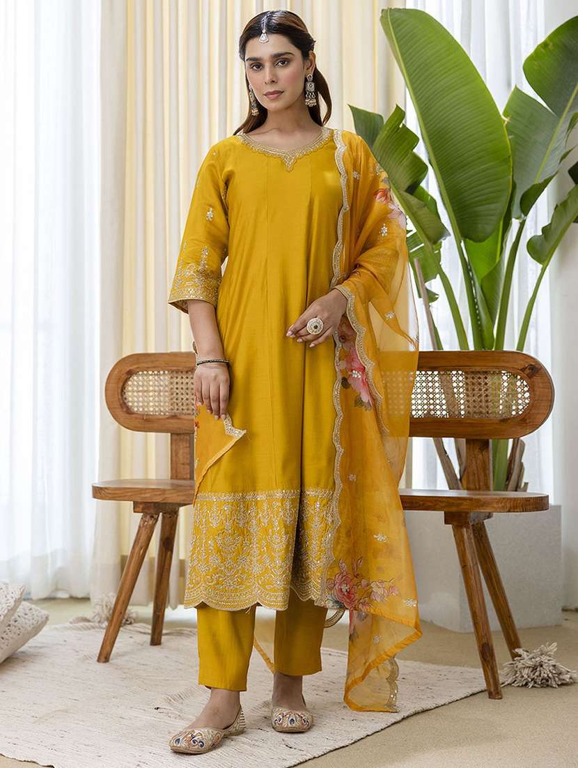 yellow silk blend kurta dupatta  set