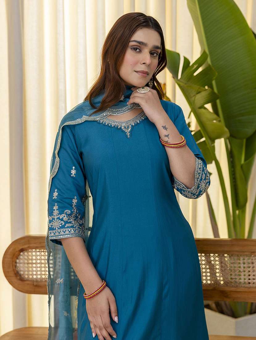 women self design blue kurta dupatta set - 22440414 -  Standard Image - 1