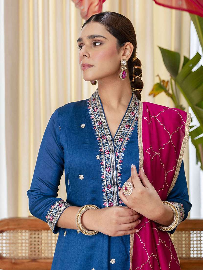 women self design blue kurta dupatta set - 22440422 -  Standard Image - 1
