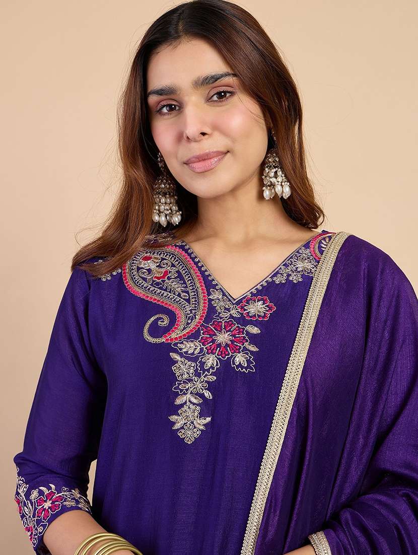 Women Solid With Work Three Quarter Sleeve Kurta Pant With Dupatta Set - 22440429 -  Standard Image - 1
