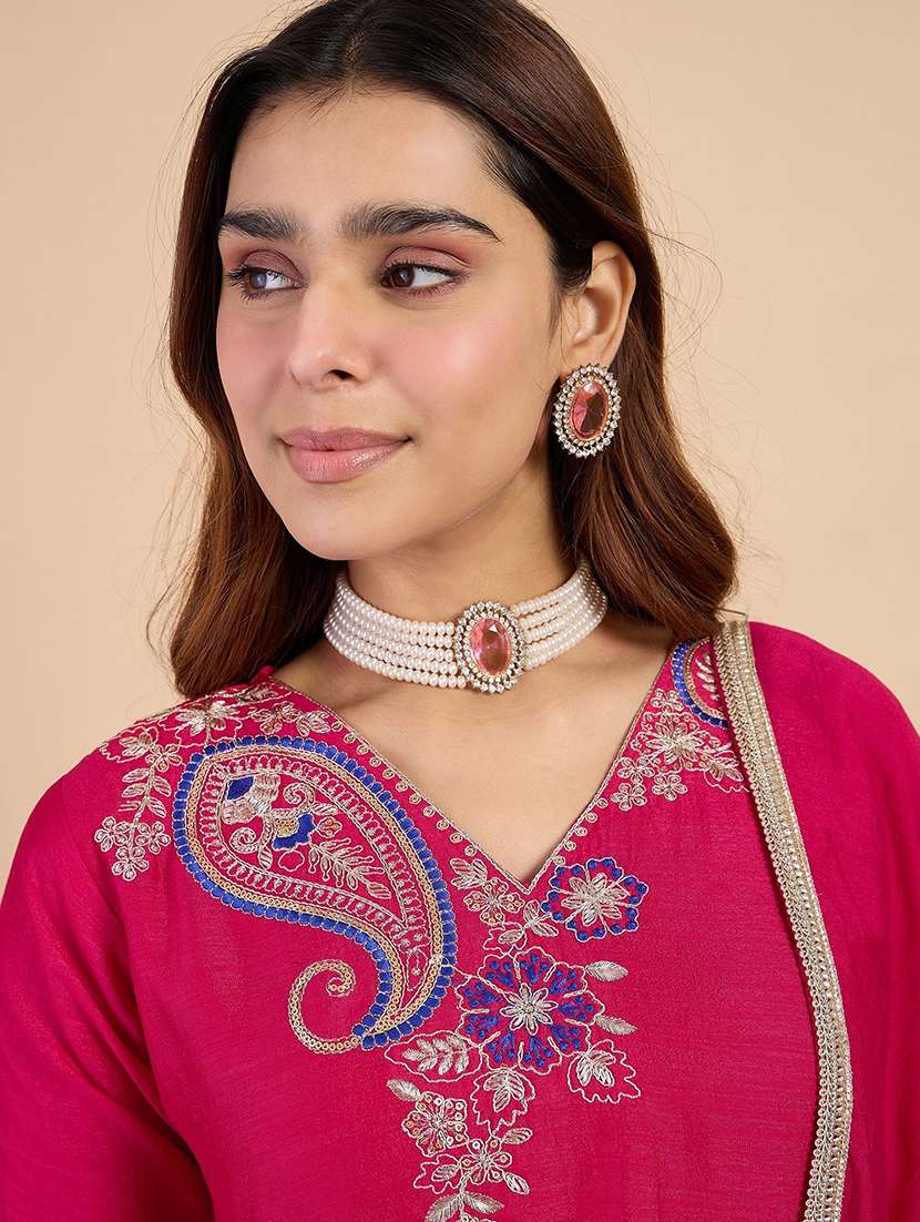 Women Solid With Work Three Quarter Sleeve Kurta Pant With Dupatta Set - 22440430 -  Standard Image - 1
