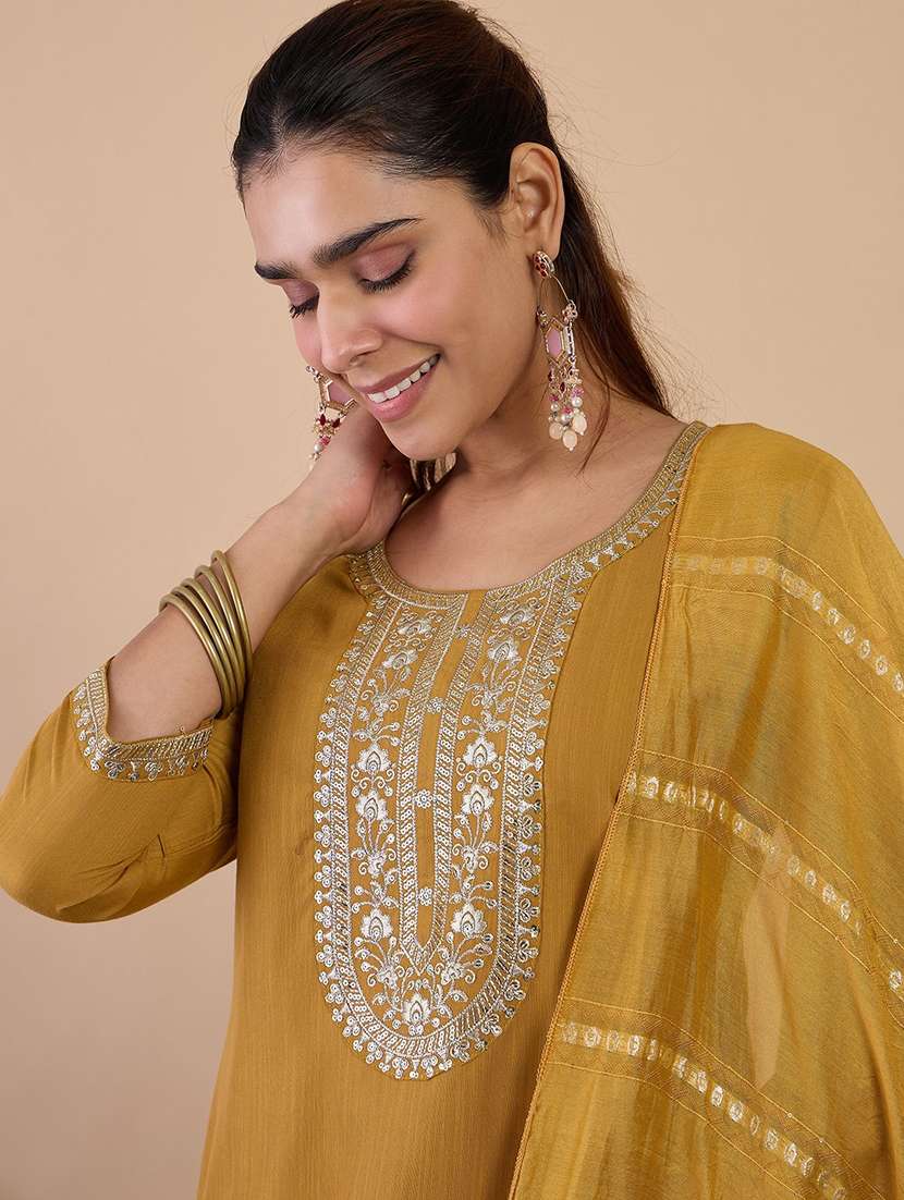 women solid with work three quarter sleeve kurta pant with dupatta set - 22440432 -  Standard Image - 1
