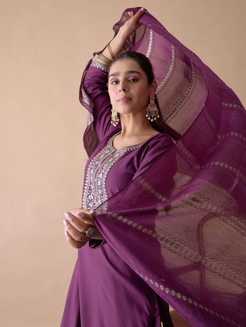 women solid with work three quarter sleeve kurta pant with dupatta set - 22440433 -  Standard Image - 1