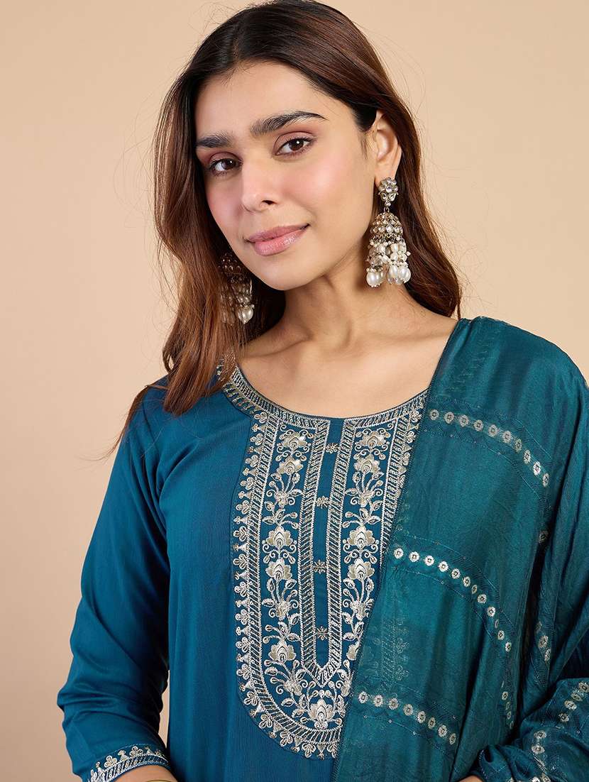 women solid with work three quarter sleeve kurta pant with dupatta set - 22440434 -  Standard Image - 1