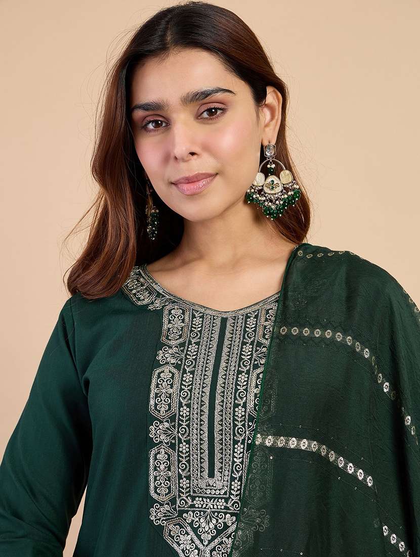 women solid with work three quarter sleeve kurta pant with dupatta set - 22440436 -  Standard Image - 1
