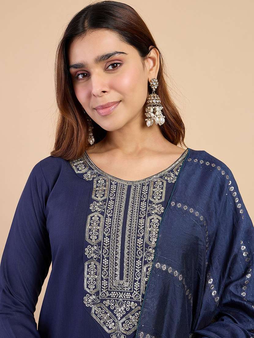 women solid with work three quarter sleeve kurta pant with dupatta set - 22440437 -  Standard Image - 1