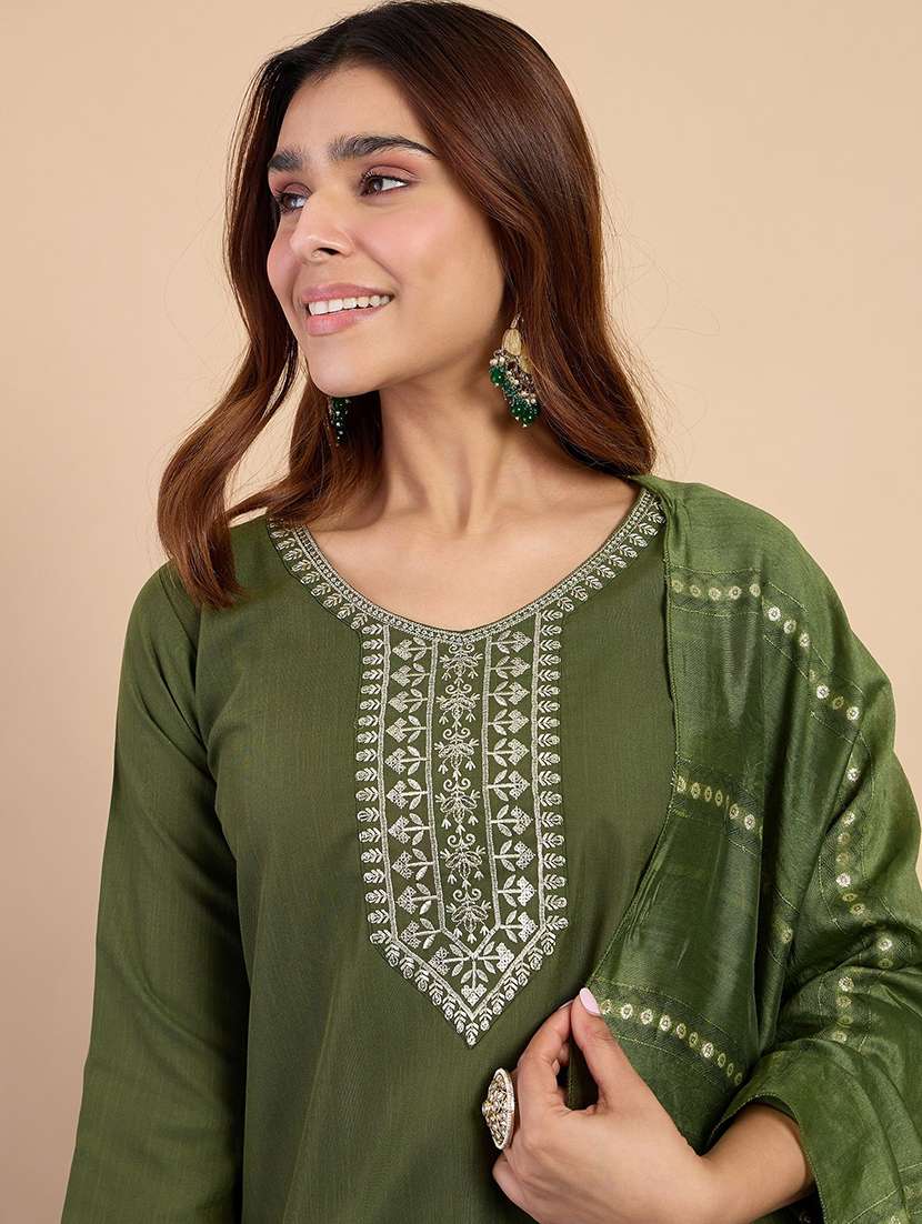 women solid with work three quarter sleeve kurta pant with dupatta set - 22440440 -  Standard Image - 1