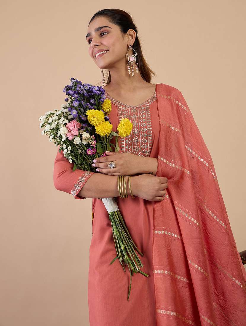 women solid with work three quarter sleeve kurta pant with dupatta set - 22440441 -  Standard Image - 1