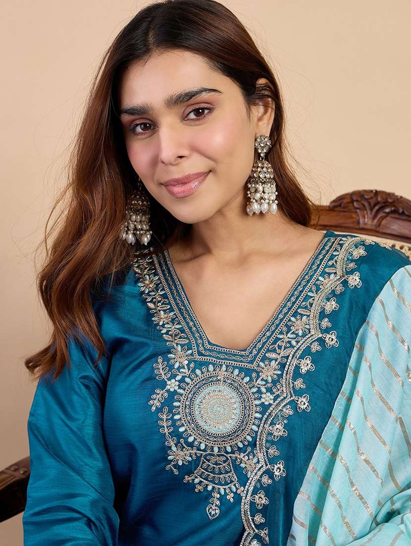 women self design blue kurta dupatta set - 22440451 -  Standard Image - 1