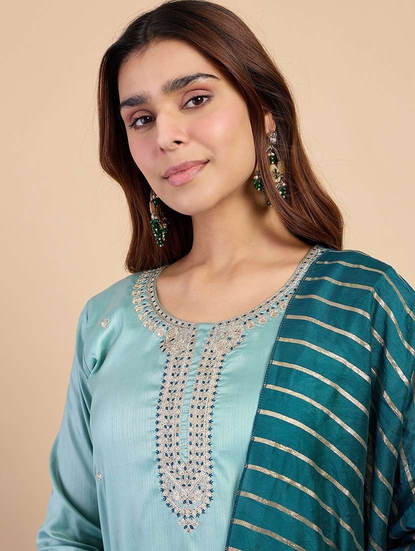 women self design light blue kurta dupatta set - 22440455 -  Standard Image - 1