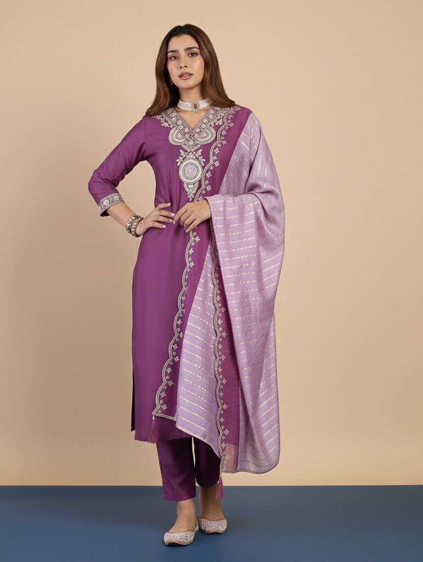 women self design purple kurta dupatta set