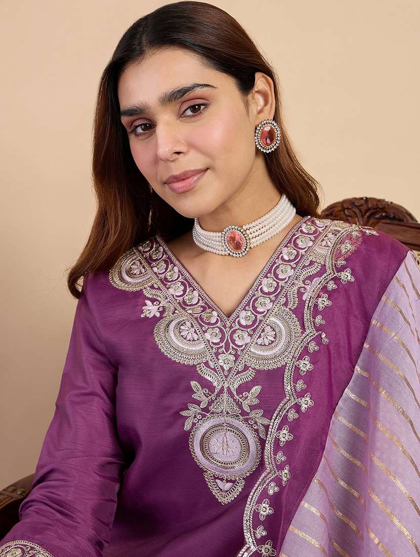 women self design purple kurta dupatta set - 22440469 -  Standard Image - 1