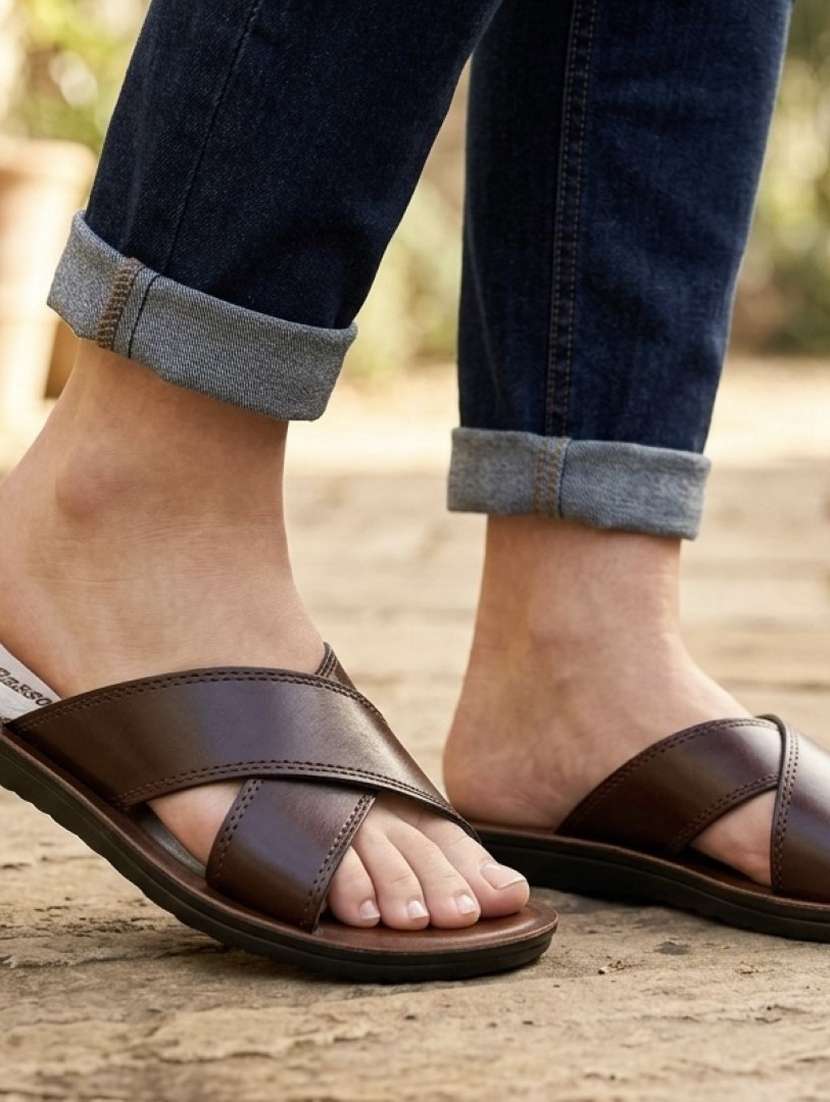 men brown slip on flat sandals - 22440689 -  Standard Image - 1