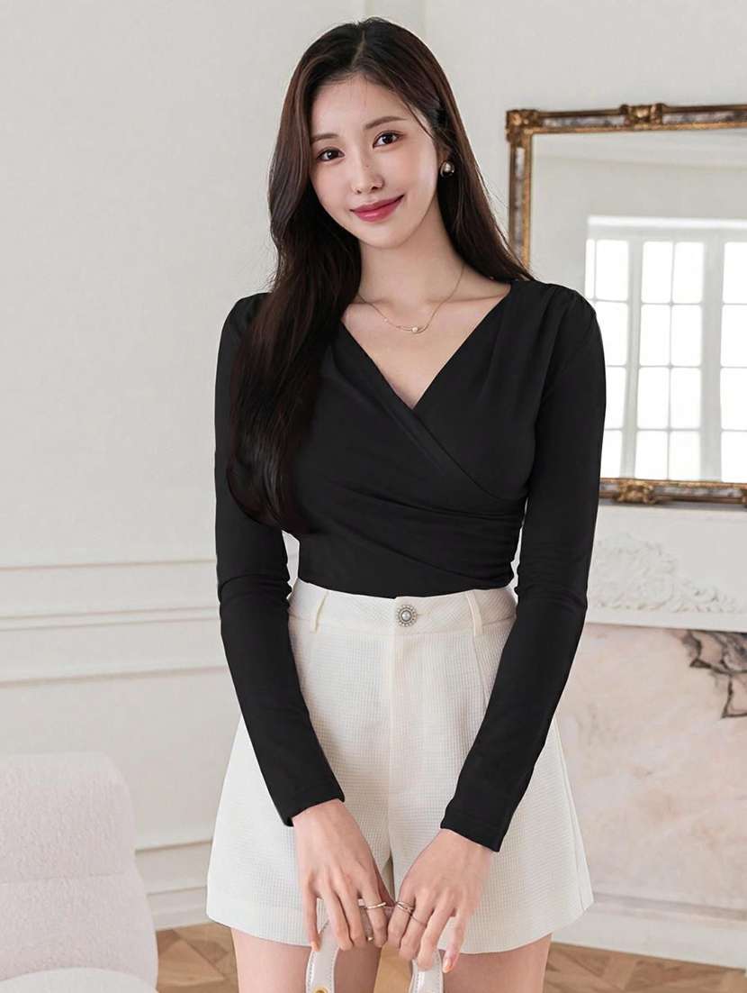 women solid long sleeve slim fit top - 22440714 -  Standard Image - 1