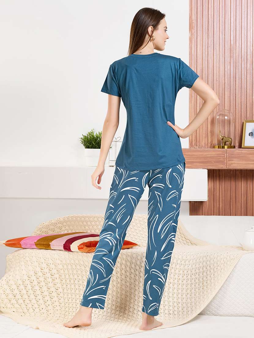 women blue printed  cotton pyjama set nightwear set - 22440725 -  Standard Image - 4