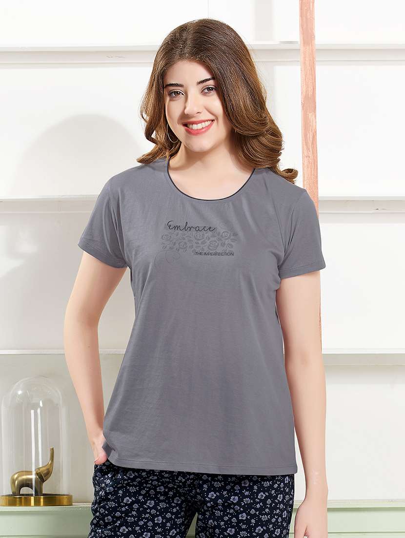 women grey printed  cotton pyjama set nightwear set - 22440730 -  Standard Image - 1