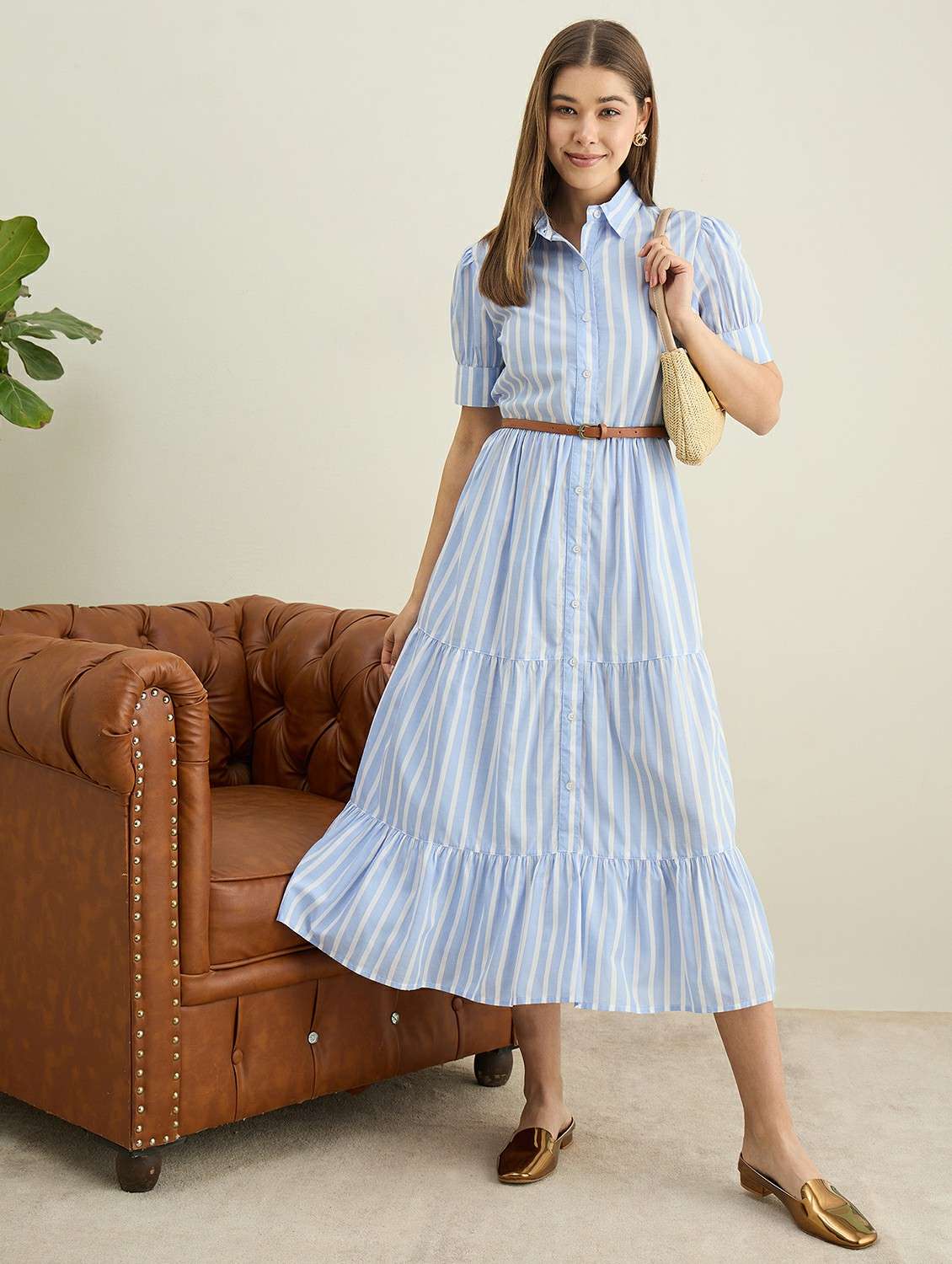 women blue striped cotton tiered shirt dress