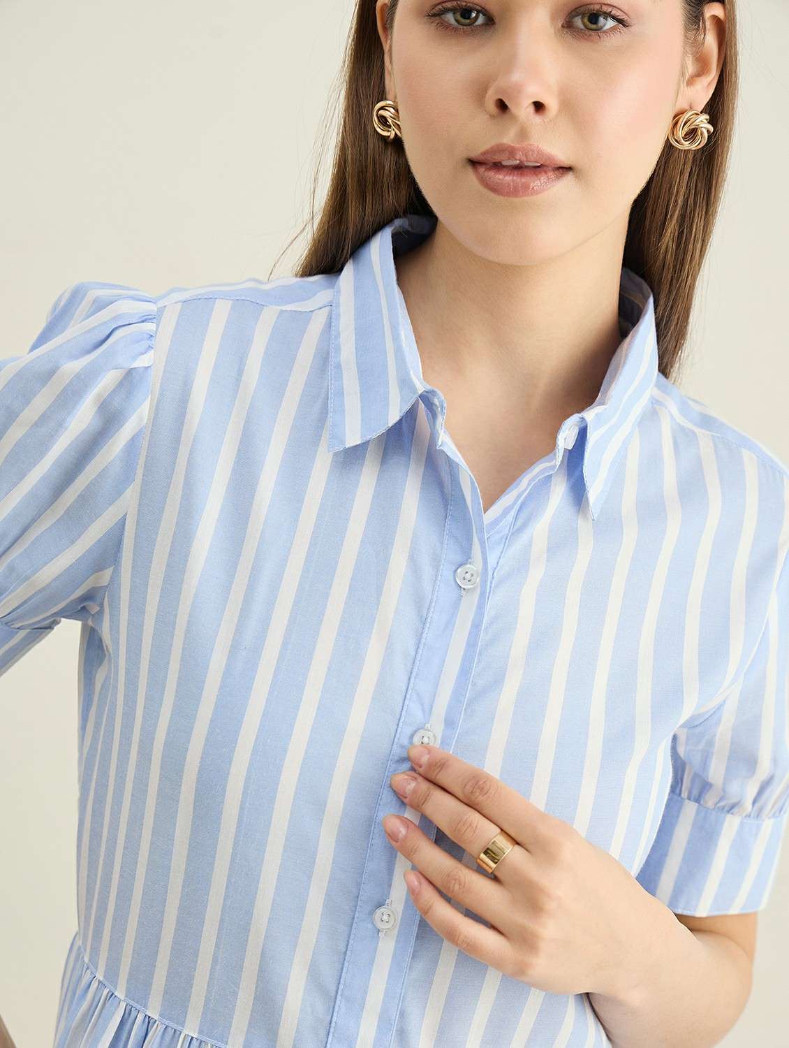 women blue striped cotton tiered shirt dress - 22440829 -  Standard Image - 1