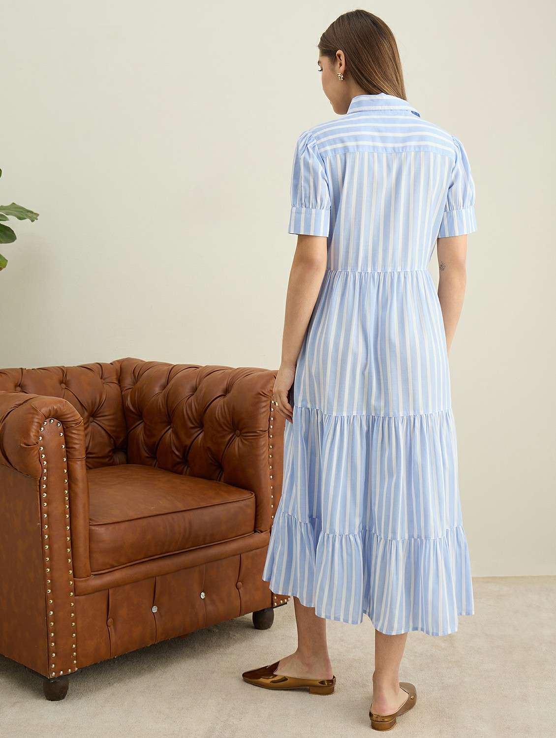 women blue striped cotton tiered shirt dress - 22440829 -  Standard Image - 4