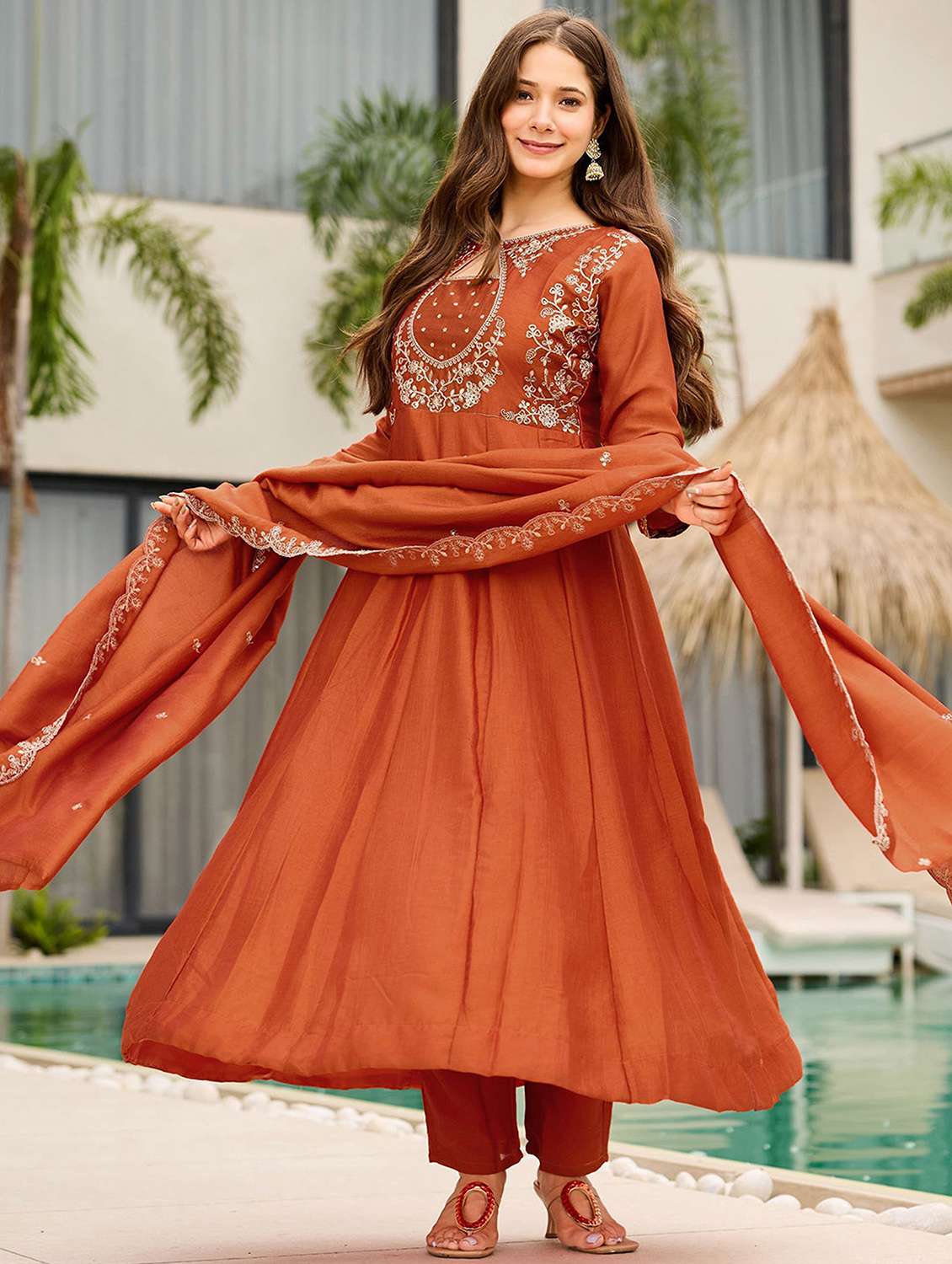 women solid with work long sleeve kurta pant with dupatta set - 22440833 -  Standard Image - 4