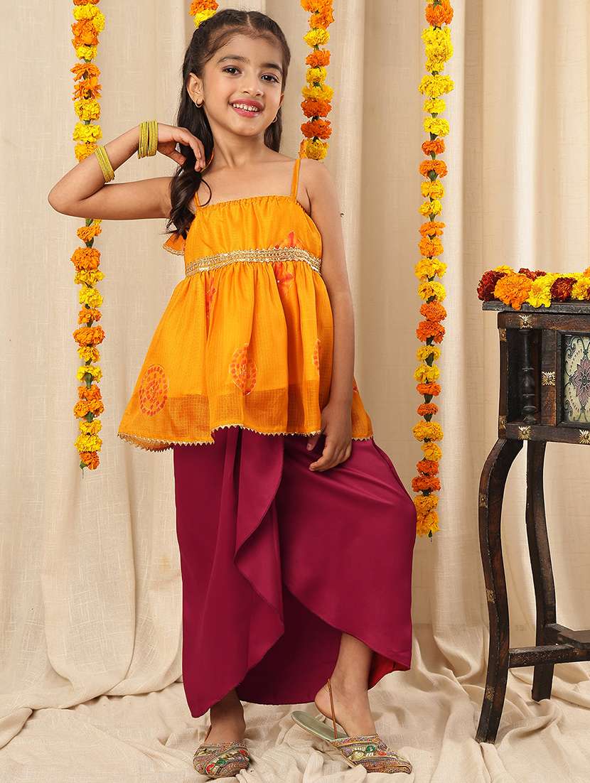 girls multi colored cotton blend kurta skirt set suit set