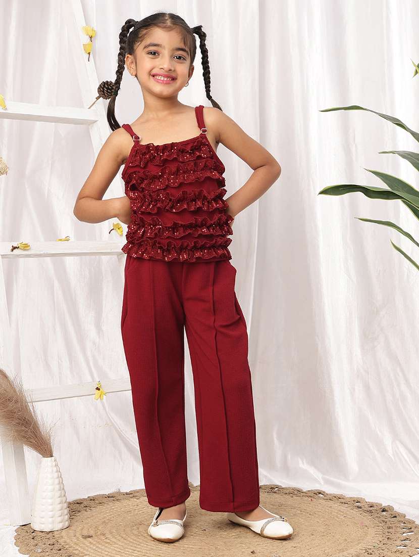 maroon polyester top & trouser co-ord set