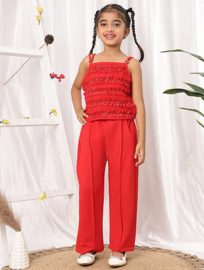 girl red polyester top & trouser co-ord set