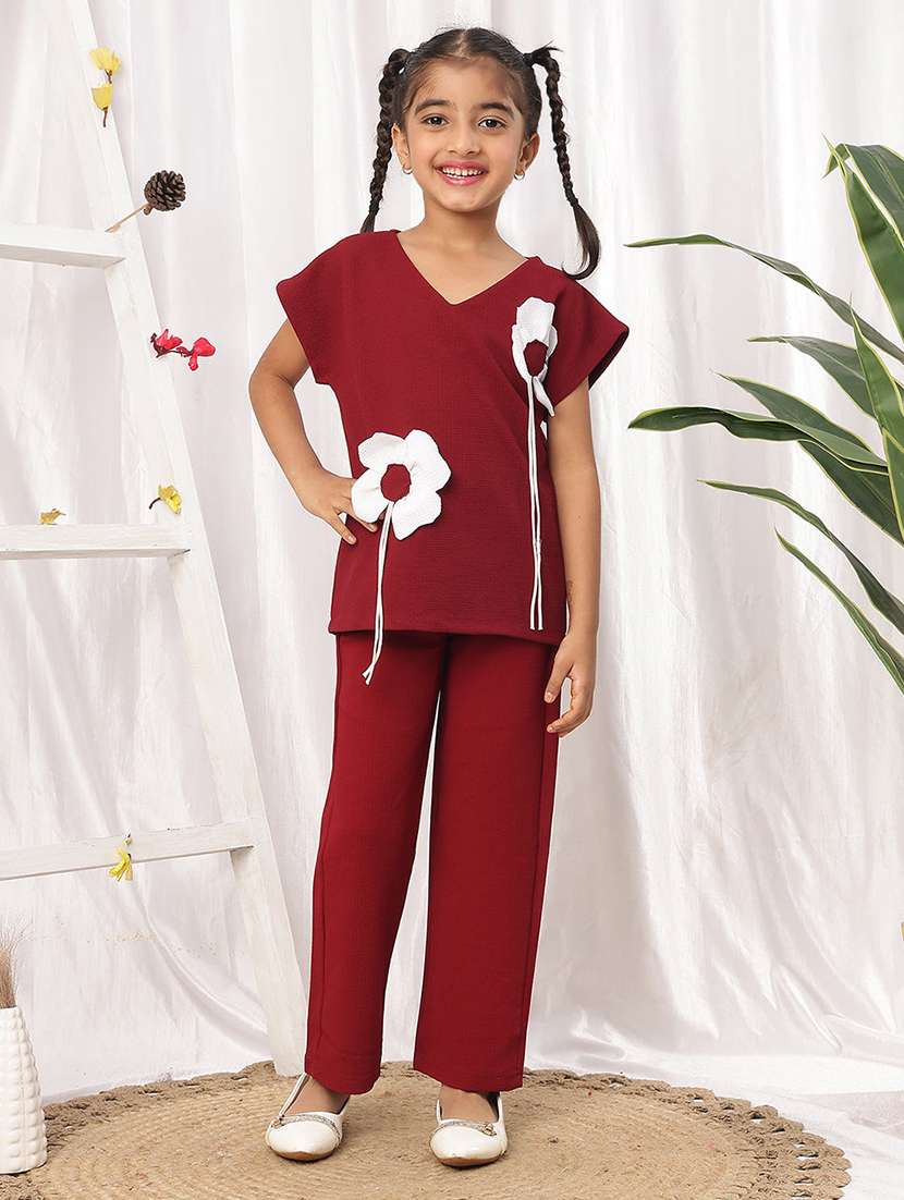girls printed maroon polyester top & trouser co-ord set
