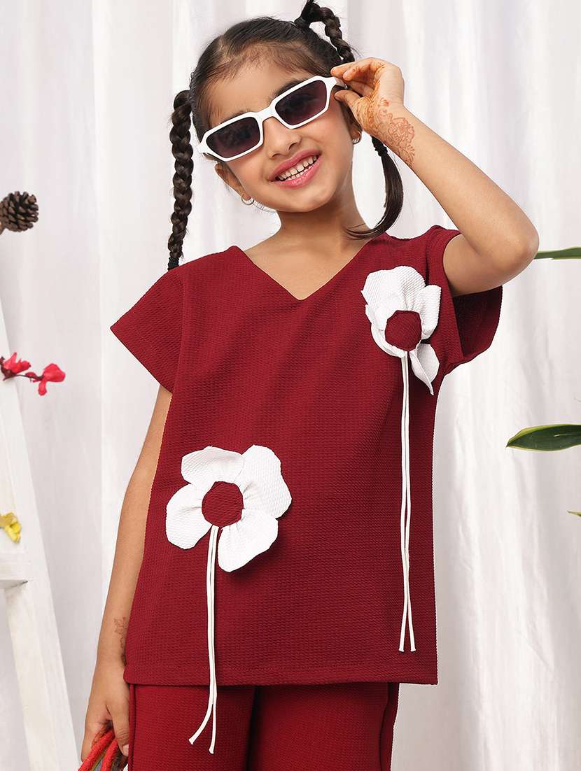 girls printed maroon polyester top & trouser co-ord set - 22441101 -  Standard Image - 1