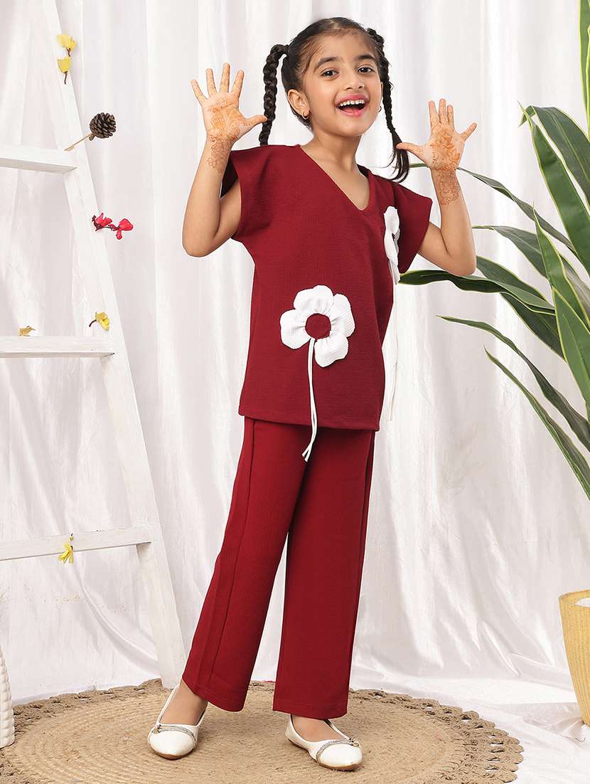 girls printed maroon polyester top & trouser co-ord set - 22441101 -  Standard Image - 4