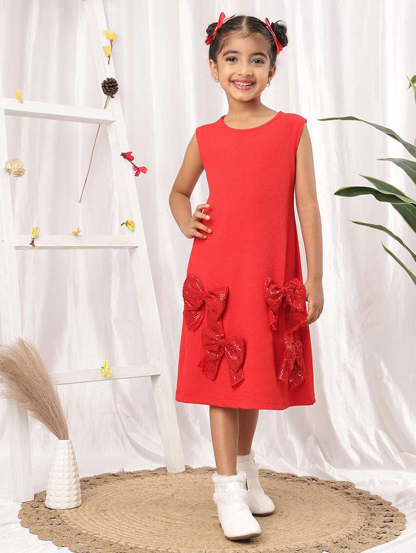 girls solid red polyester a-line dress