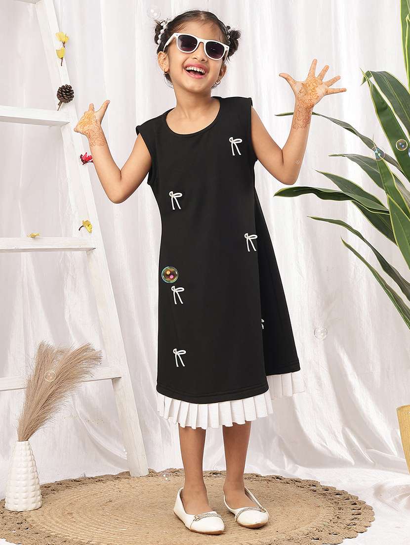 girls black polyester a-line dress