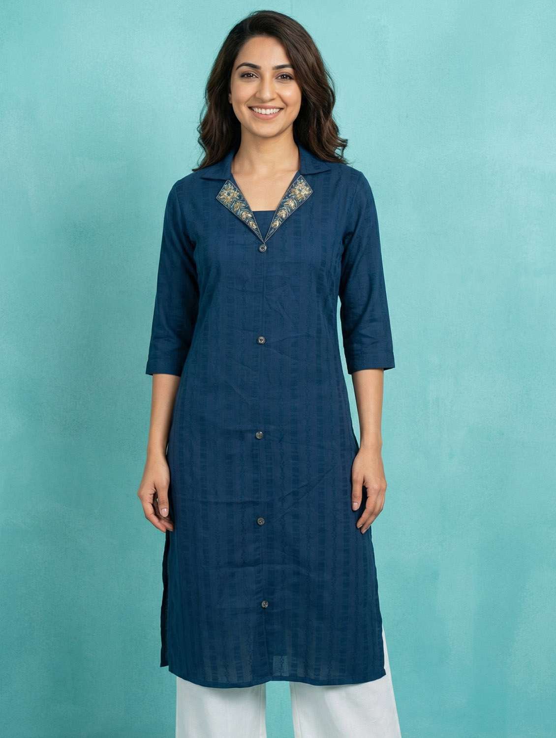 women blue cotton silk straight kurta - 22441481 -  Standard Image - 1