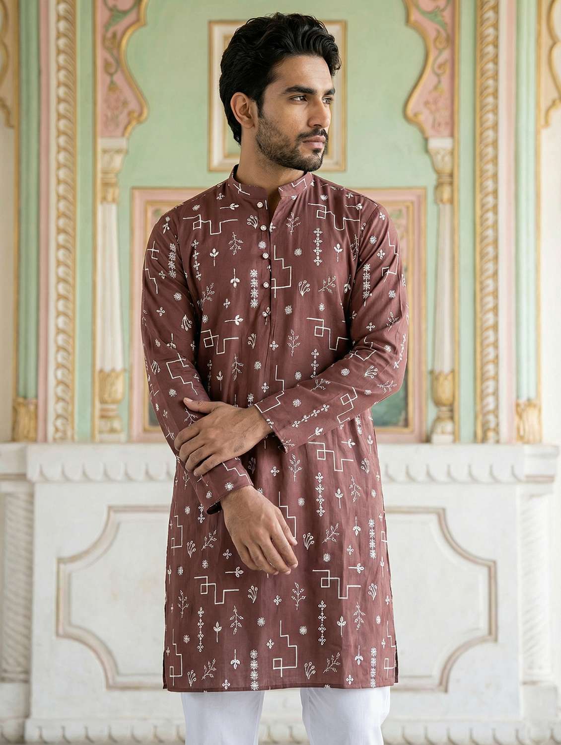 men solid with work mandarin neck kurta pyjama set - 22441993 -  Standard Image - 1