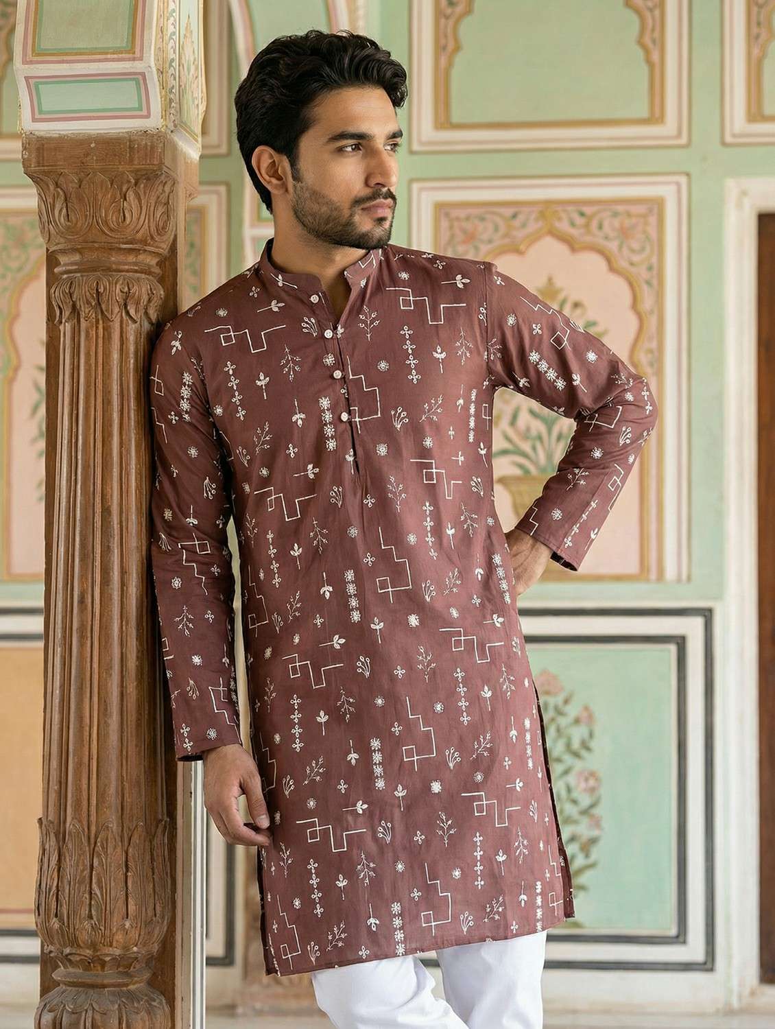 men solid with work mandarin neck kurta pyjama set - 22441993 -  Standard Image - 4