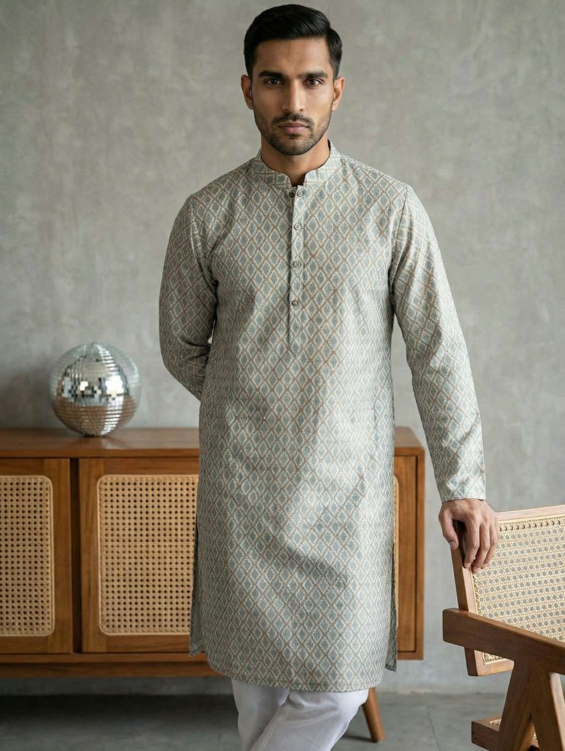 men printed mandarin neck kurta pyjama set - 22442003 -  Standard Image - 1