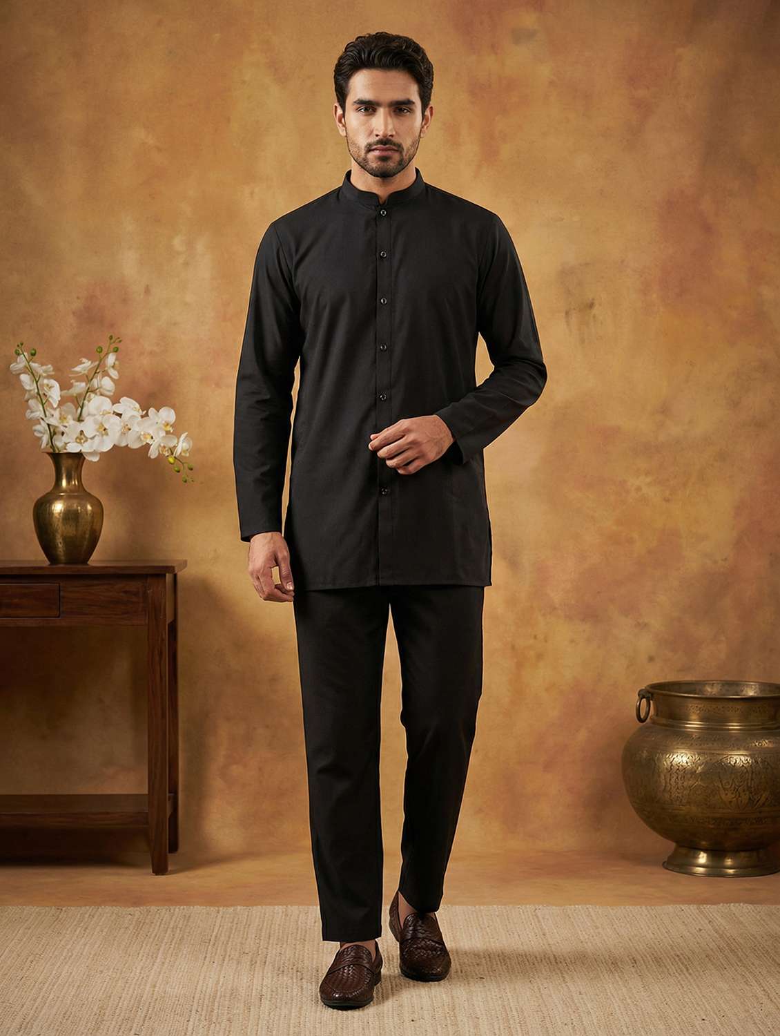 men black silk blend kurta pyjama ethnic wear set