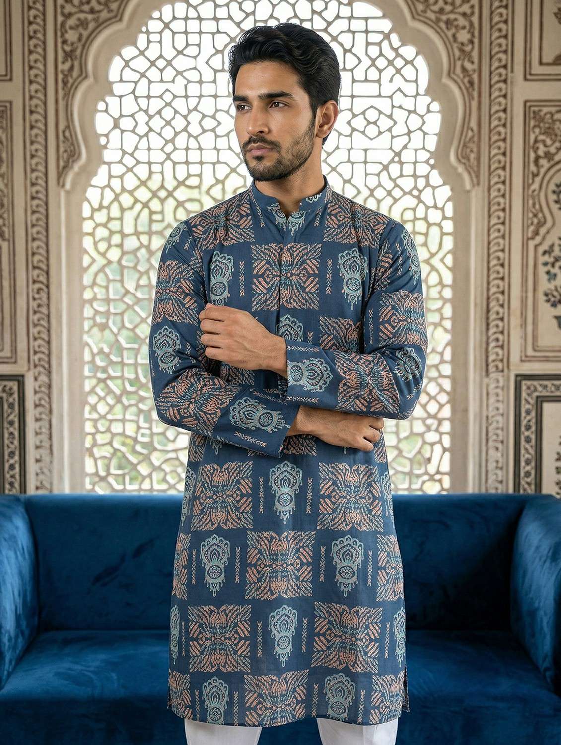men printed mandarin neck kurta pyjama set - 22442067 -  Standard Image - 1