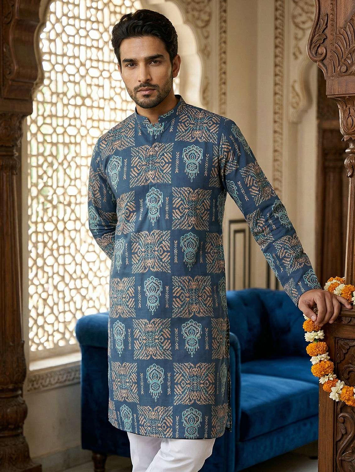 men printed mandarin neck kurta pyjama set - 22442067 -  Standard Image - 4