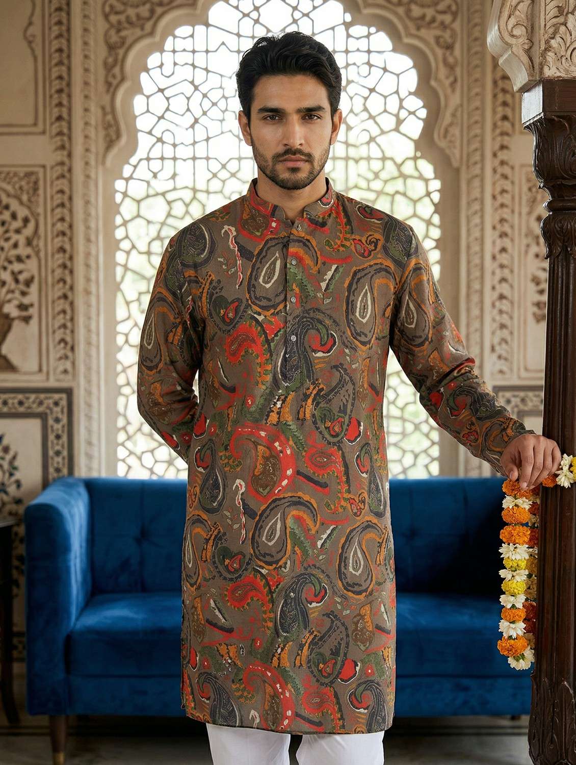 men printed mandarin neck kurta pyjama set - 22442068 -  Standard Image - 1