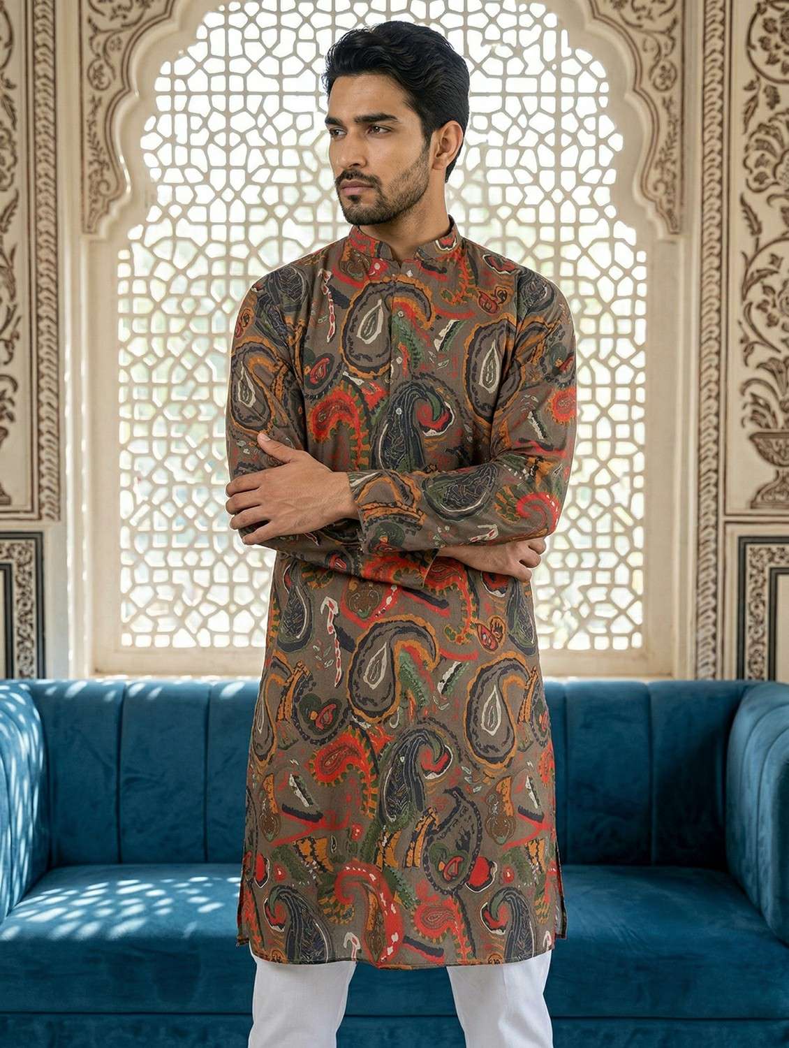 men printed mandarin neck kurta pyjama set - 22442068 -  Standard Image - 4