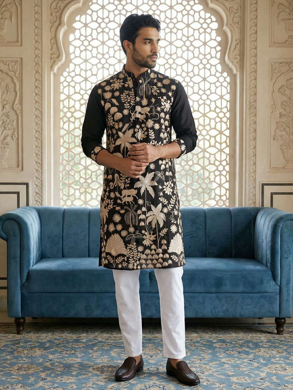 men solid with work mandarin neck kurta pyjama set