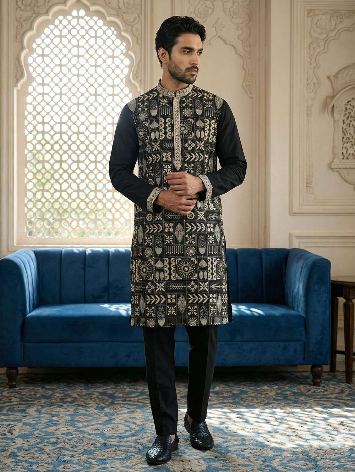 men solid with work mandarin neck kurta pyjama set