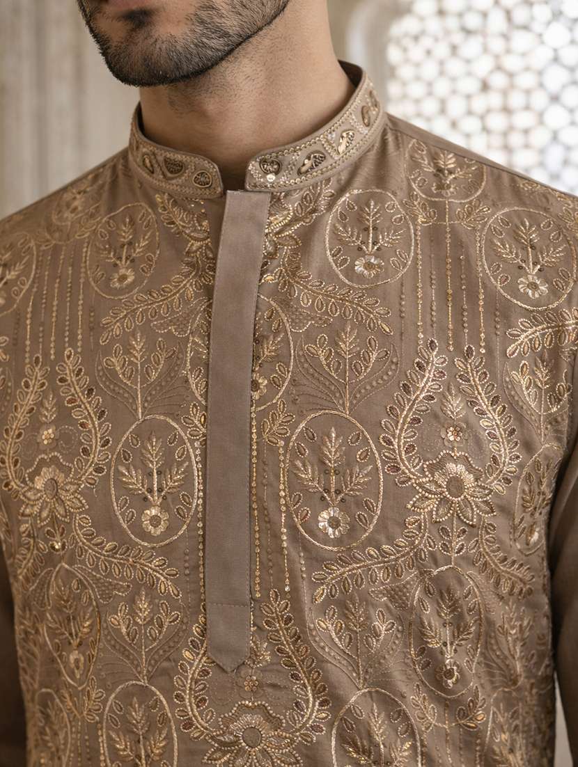 men solid with work mandarin neck long kurta - 22442817 -  Standard Image - 1