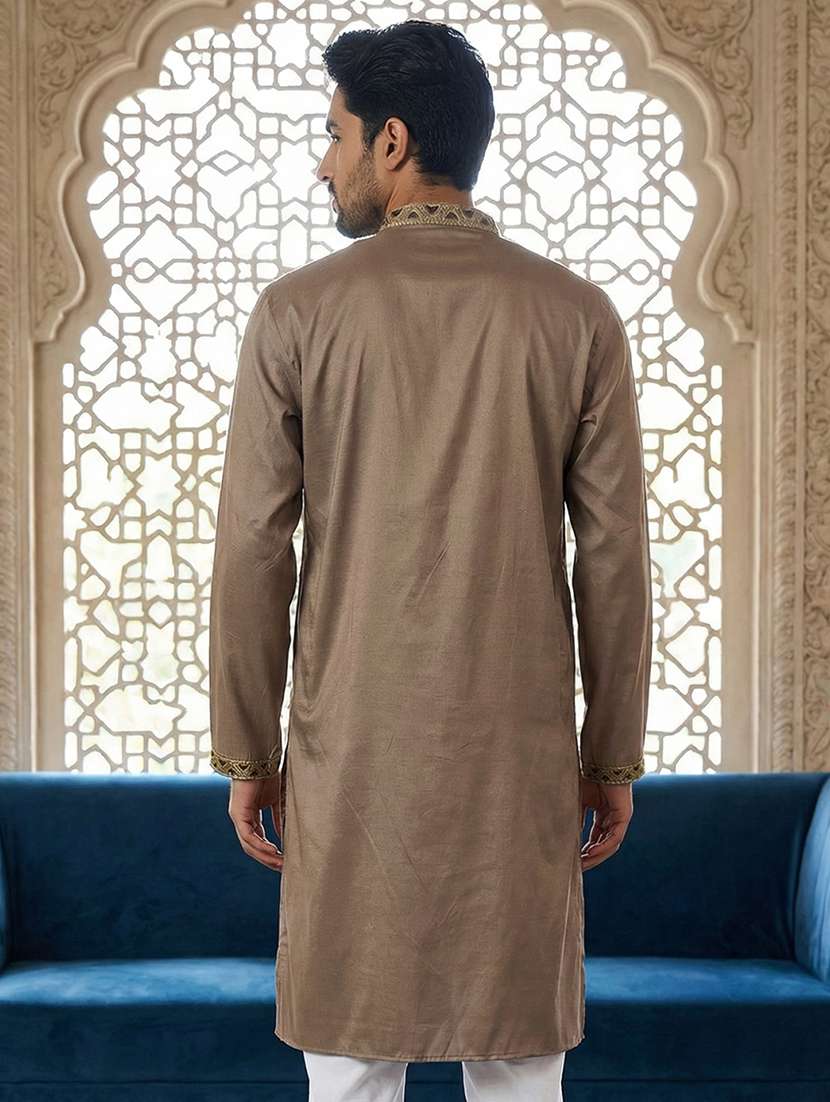 men solid with work mandarin neck long kurta - 22442817 -  Standard Image - 4