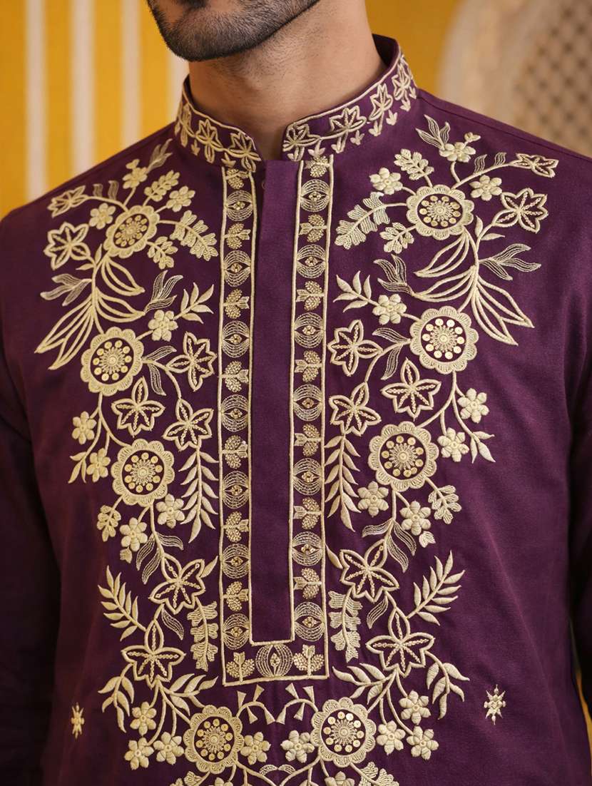 men solid with work mandarin neck long kurta - 22442819 -  Standard Image - 1