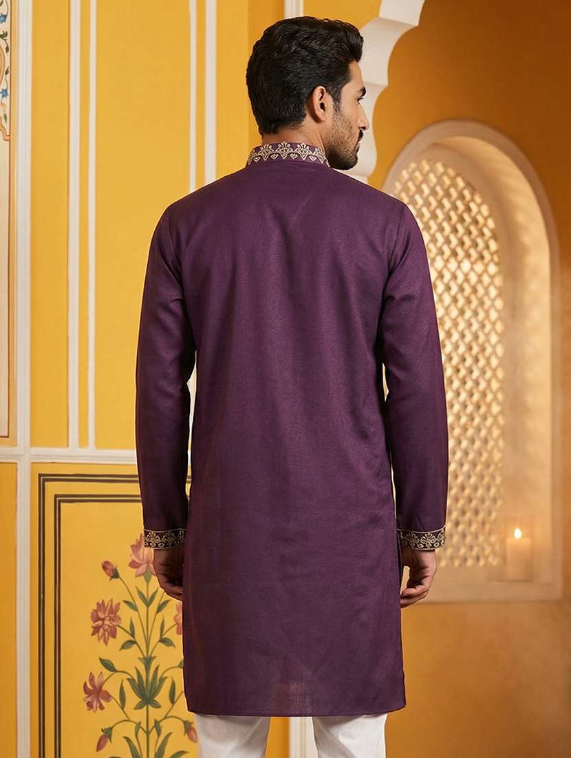 men solid with work mandarin neck long kurta - 22442819 -  Standard Image - 4