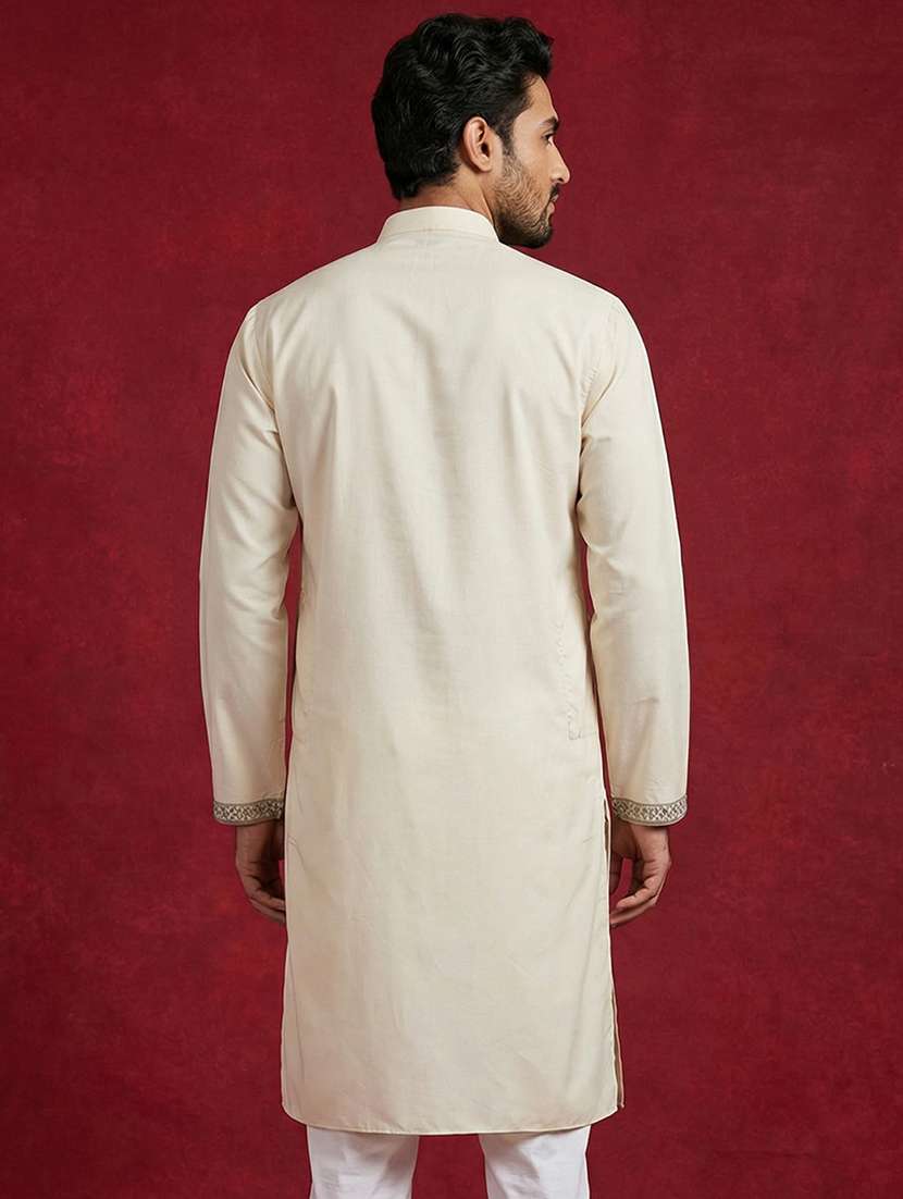 men solid with work mandarin neck long kurta - 22442823 -  Standard Image - 4